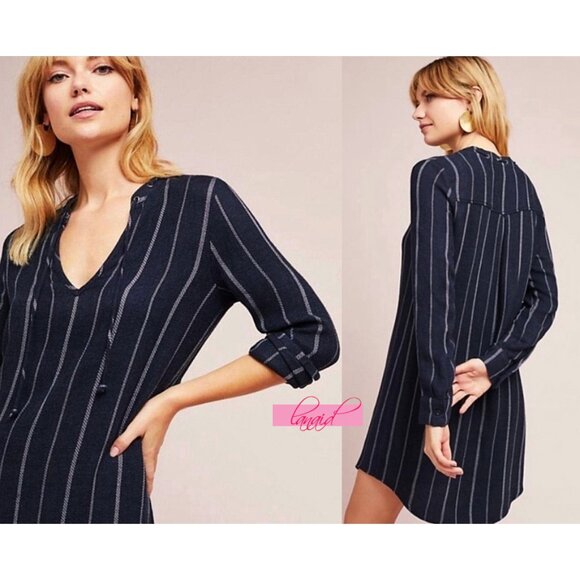 Bella Dahl Striped Tunic Dress V-Neck Vertical Striped Linen-Like Poncho Knit S - Picture 1 of 10